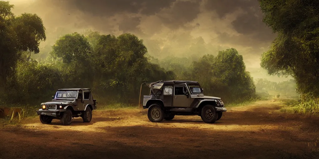 Prompt: kerala village countryside, beautiful dynamic lighting, mahindra thar on the road, cinematic, wide angle establishing shot, extremely high detail, photo realistic, cinematic lighting, post processed, concept art, artstation, matte painting, style by eddie mendoza, raphael lacoste, alex ross, volumetric lighting, light rays, photorealistic, ultrarealistic, moody, coronarender, 8k