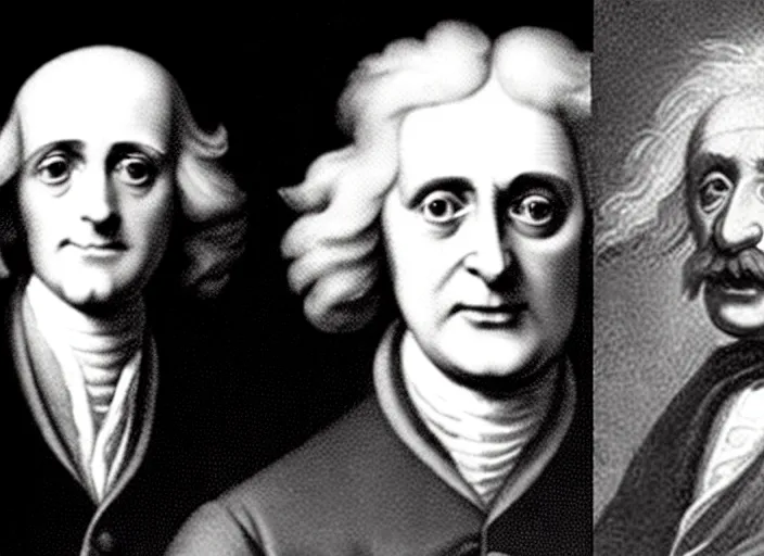 Prompt: selfie of isaac newton and stephen hawkins and albert einstein