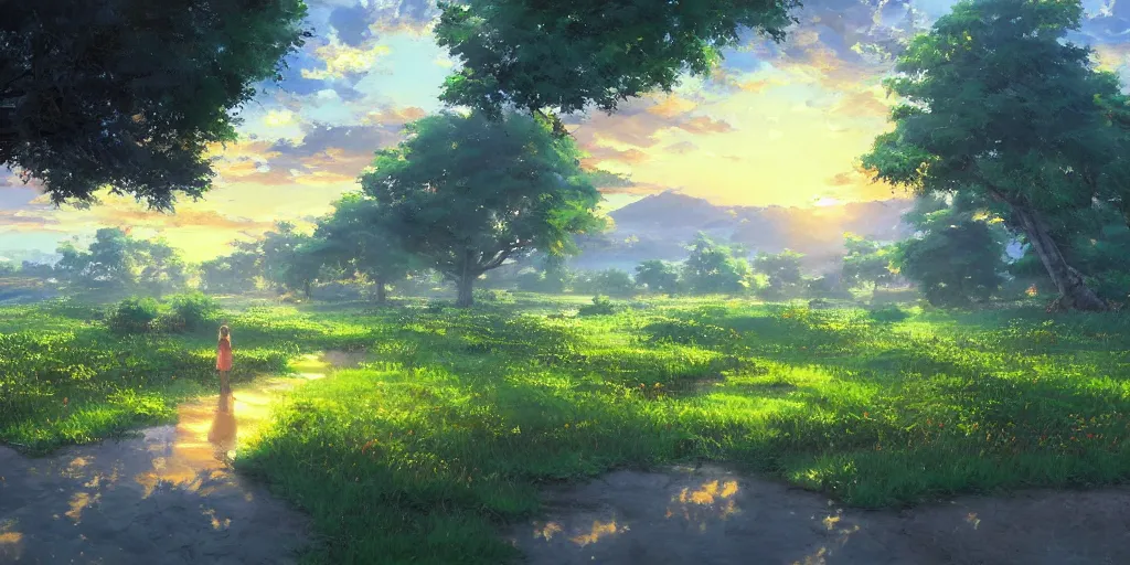 Image similar to an extraordinarily beautiful oil painting of a landscape in spring during sunrise ; lush vegetation ; the most beautiful painting in the world ; by makoto shinkai