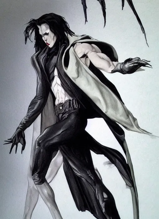 Image similar to elegant renaissance concept art of a male young muscular neo from matrix 1 as sandman from vertigo comics, the crow 1 9 9 4, full figure dynamic fighting pose, pale skin!, gothic, black overcoat, fantasy, intricate, highly detailed, digital painting, artstation, smooth, sharp focus, illustration, art by artgerm and greg rutkowski and alphonse mucha