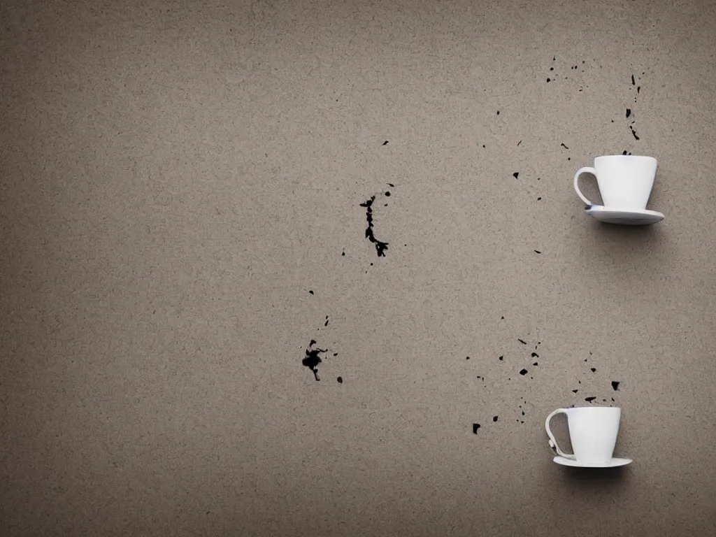 Image similar to 3D art, a coffee cup shattering against a wall