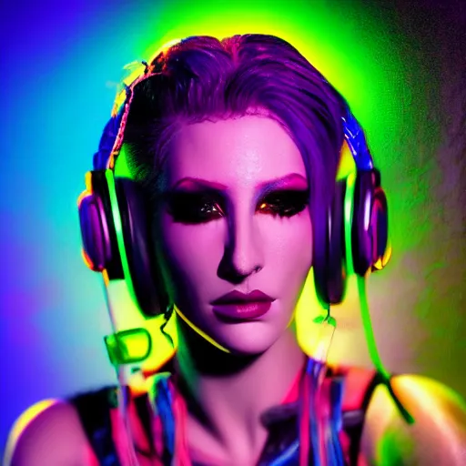 Prompt: cyberpunk beautiful jeffree star self portrait listening to music in a colourful club, macro, vibrant, 3 0 mm photography, wide shot, dramatic lighting, octane render, hyperrealistic, high quality, highly detailed, artstation, hd, beautiful, cinematic, 8 k, unreal engine, facial accuracy, symmetrical