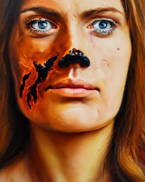 Image similar to oil painting portrait of cowgirl with burn scar exactly half of her face and one blind eye, golden ration, high production value, intricate details, high resolution, hdr, high definition, masterpiece, realistic, ultrarealistic, highly detailed, hd, sharp focus, non blurry, sharp, smooth