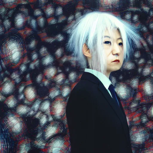 Image similar to yoshitaka amano blurred and dreamy realistic three quarter angle portrait of a woman with white hair and black eyes wearing dress suit with tie, junji ito abstract patterns in the background, satoshi kon anime, noisy film grain effect, highly detailed, renaissance oil painting, weird portrait angle, blurred lost edges