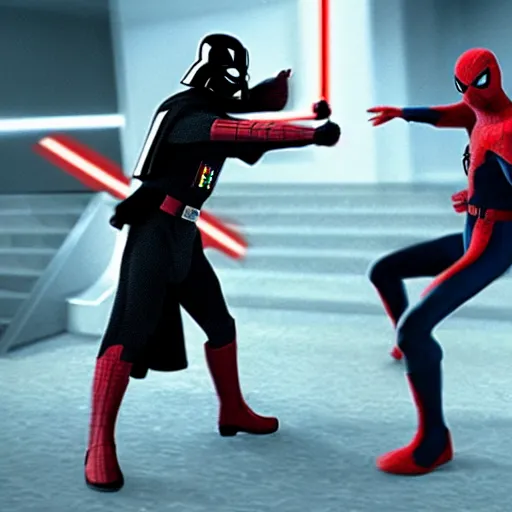 Image similar to darth vader fighting spiderman, realistic, movie still