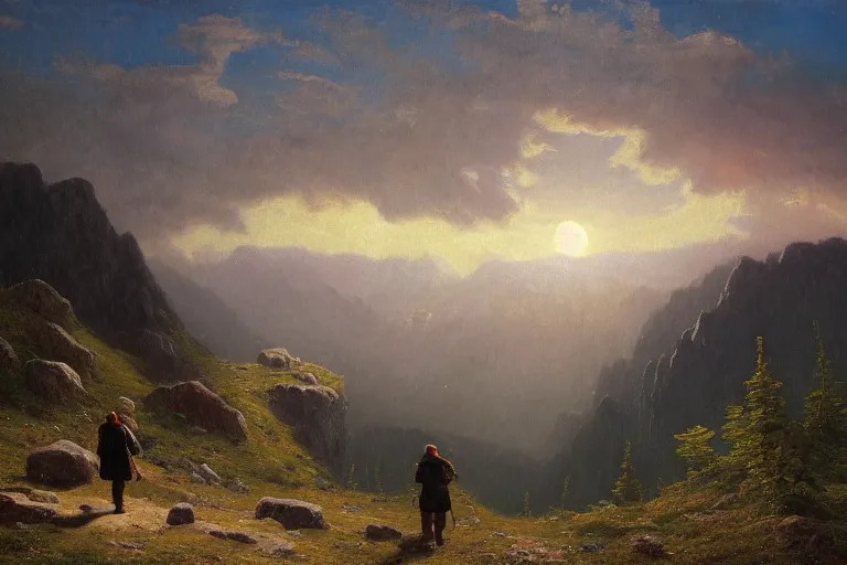 Image similar to a traveler wandering trough the mountains looking at the clouds, very detailed, focused, oil painting, cinematic lighting, albert bierstadt, trending on artstation, colorful, canvas, sunset, hans dahl, theodor kittelsen, hermann hendrich, national geographic, Konstantin Yakovlevich Kryzhitsky, beautiful nature, breathtaking, nordic