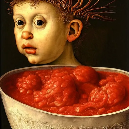 Image similar to a boy sitting in a tub full of tomato sauce, a lot of cabbage, by giuseppe arcimboldo and ambrosius benson, renaissance, portrait, fruit, intricate and intense oil paint, realistic