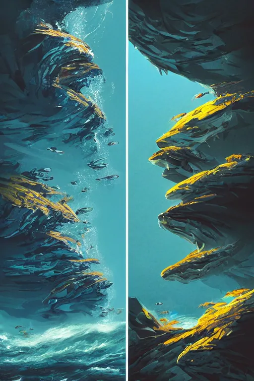 Prompt: fish cliffs, art by matt jefferies and joe doolin, trending on artstation, atmospheric fish eye modernism, realism, film poster, character design, diptych