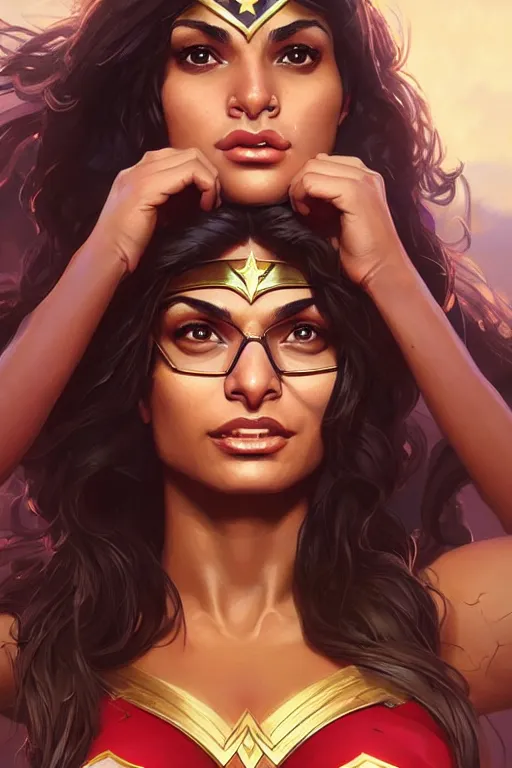 Prompt: mia khalifa as wonder women, portrait,, highly detailed, digital painting, artstation, concept art, smooth, sharp focus, illustration, cinematic lighting, art by artgerm and greg rutkowski and alphonse mucha