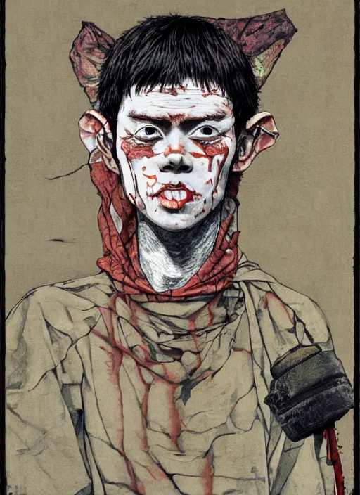 Image similar to scout boy, grotesque, doomed, acrylic paint, gouache on canvas, ugly art, grotesque, high resolution, wrapped thermal background, art by takato yamamoto, by francis bacon, ultra realistic, smooth shading, ultra detailed, high resolution