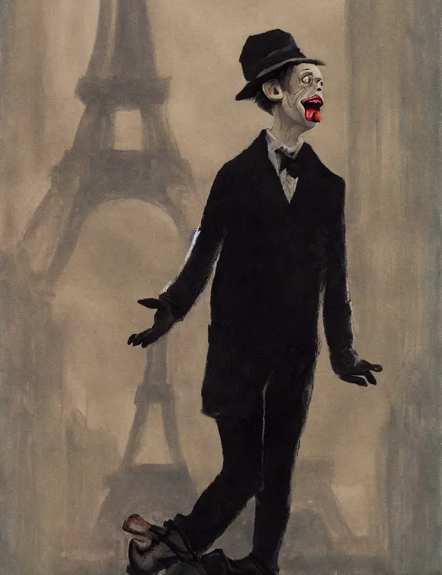 Prompt: steve buscemi as a mime in paris. gouache fairytale art, russian romanticism, muted palette, backlighting, depth of field
