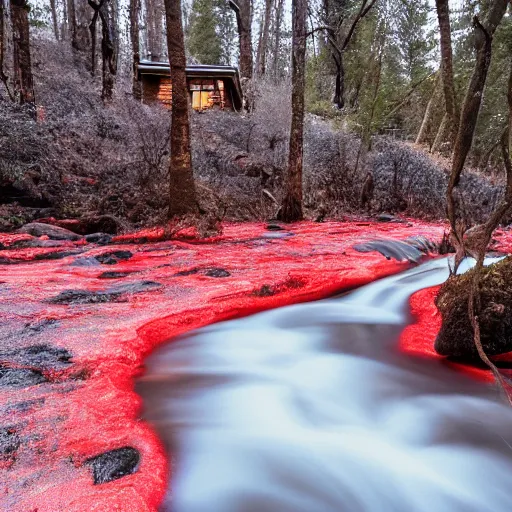 Prompt: a landscape picture of a cabin in a forest during winter with a stream made of red hot lava flowing next to it