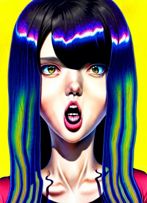 Image similar to richly detailed colored pencil 3D illustration of a beautiful woman with silky straight black hair with iridescence wearing a Nirvana band Tshirt and short black shorts, she staring at the camera happily while being surrounded by slimy tentacles, art by Range Murata and Artgerm.