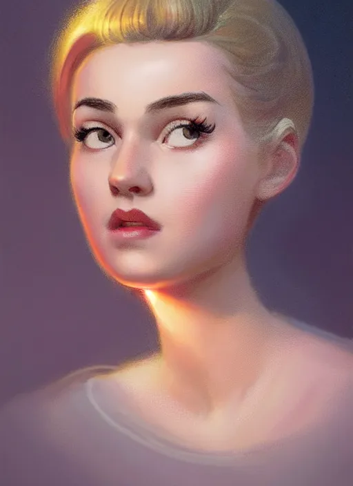 Image similar to portrait of betty cooper with fluffy bangs, bangs, 1 9 6 0 s, ponytail, curly bangs and ponytail, rounder face, intricate, elegant, glowing lights, highly detailed, digital painting, artstation, concept art, smooth, sharp focus, illustration, art by wlop, mars ravelo and greg rutkowski