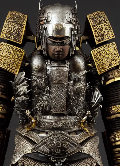 Image similar to hyper realistic glorious ancient samurai in a obsidian metal armor, futuristic design, designed by makoto kobayashi and luca zampriolo, portrait, cyberpunk style, wood and gold details, intricate, extremely detailed, ornate, deep of field, hard surface, exoskeleton, substance designer metal unreal engine. amazing likeness. very detailed.