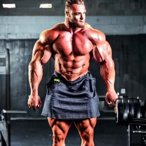 Image similar to still of chris bumstead in a skirt