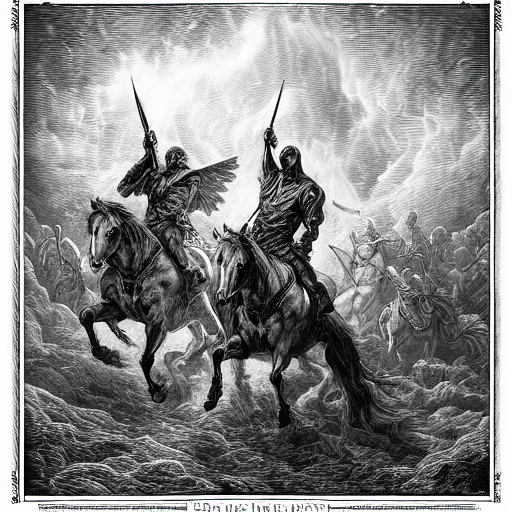 Image similar to horsemen of the apocalypse by gustave dore and dan mumford