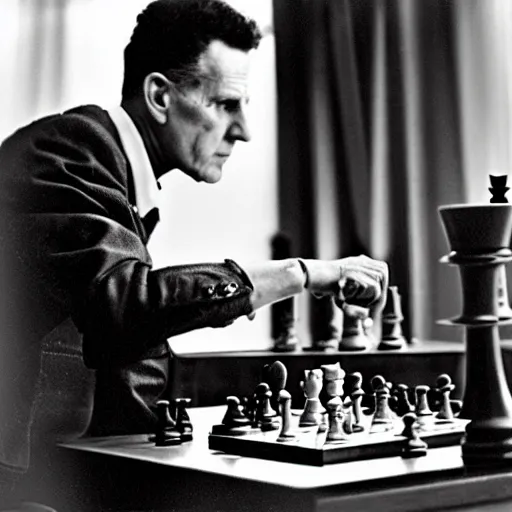 Prompt: ludwig wittgenstein playing chess with a robot, dramatic angle