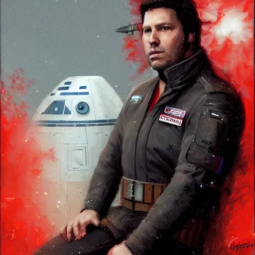 Image similar to portrait of a man by greg rutkowski, he looks like greg grunberg, tall and burly, star wars expanded universe, he is about 3 0 years old, wearing red and white starfighter pilot uniform from the galactic triunvirate.