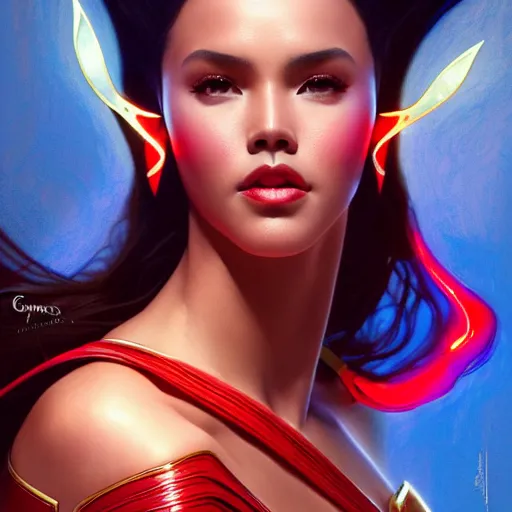 Image similar to catriona gray as darna, volumetric lights, red and cyan theme, art nouveau botanicals, intricate, highly detailed, digital painting, artstation, concept art, smooth, sharp focus, cinematic, illustration, beautiful face, art by artgerm and greg rutkowski and alphonse mucha