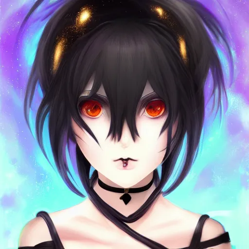 Prompt: front-facing headshot of a young gothic anime woman with black hair and golden highlights, wearing pretty makeup, drawn by WLOP, by Avetetsuya Studios, anime drawing, trending on artstation