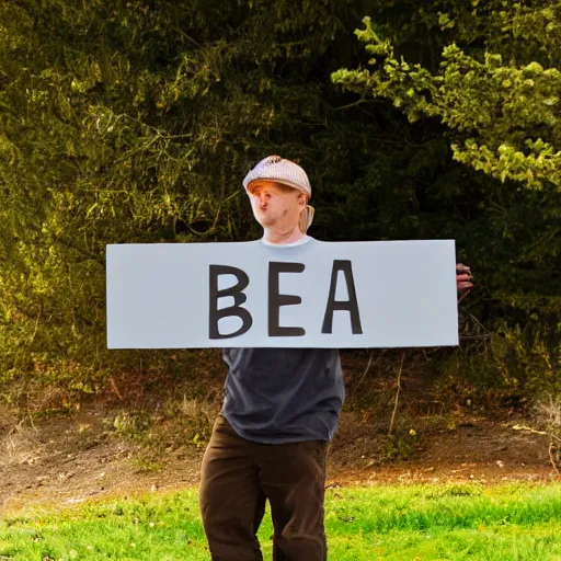 Prompt: ! bear! holding a sign that says bear, 5 0 mm lens, bokeh, good lighting