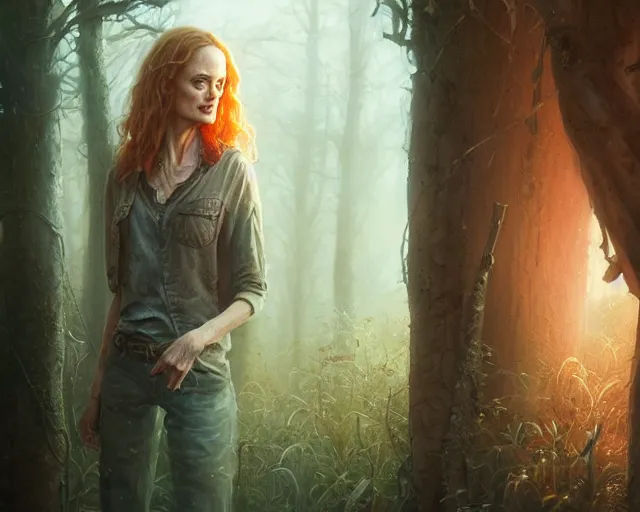 Image similar to highly detailed portrait of heather graham, in the walking dead, stephen bliss, unreal engine, fantasy art by greg rutkowski, loish, rhads, ferdinand knab, makoto shinkai and lois van baarle, ilya kuvshinov, rossdraws, tom bagshaw, global illumination, radiant light, detailed and intricate environment