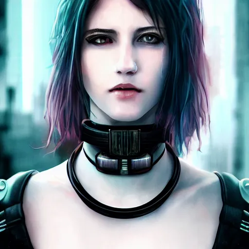 Image similar to realistic female character cyberpunk wearing technological collar around neck, realistic, art, beautiful, 4K, collar, choker, collar around neck, punk, artstation, detailed, female, woman, choker, dark, collar, choker,