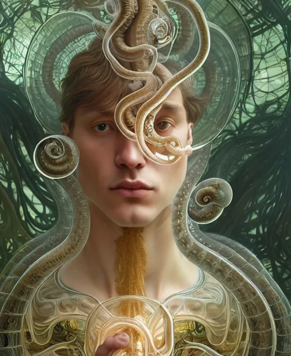 Image similar to intricate ornate opulent transparent clear see - through portrait of a horrific beautiful male human nautilus snake, adorable, childlike, overgrown biopunk jungle environment, ultra realistic, concept art, art nouveau, photorealistic, octane render, 8 k, unreal engine. art by christopher marley and artgerm and greg rutkowski and alphonse mucha