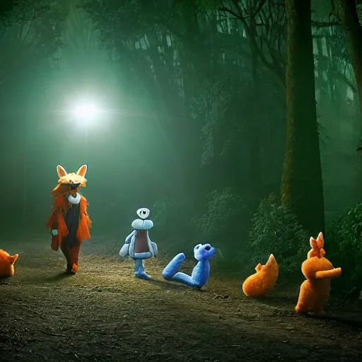 Image similar to a large druid fox muppet wearing a cloak holding a lit torch and herding a bunch of random muppet animals following behind through a dark felt forest at night, sesame street, photograph, photography, ultrarealistic, national geographic