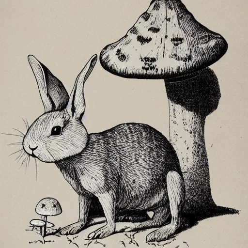 Prompt: botanical technical drawing of a rabbit sitting near a toadstool mushroom :: Cottage core :: fine detailed :: line art :: lithography :: ink detail and color