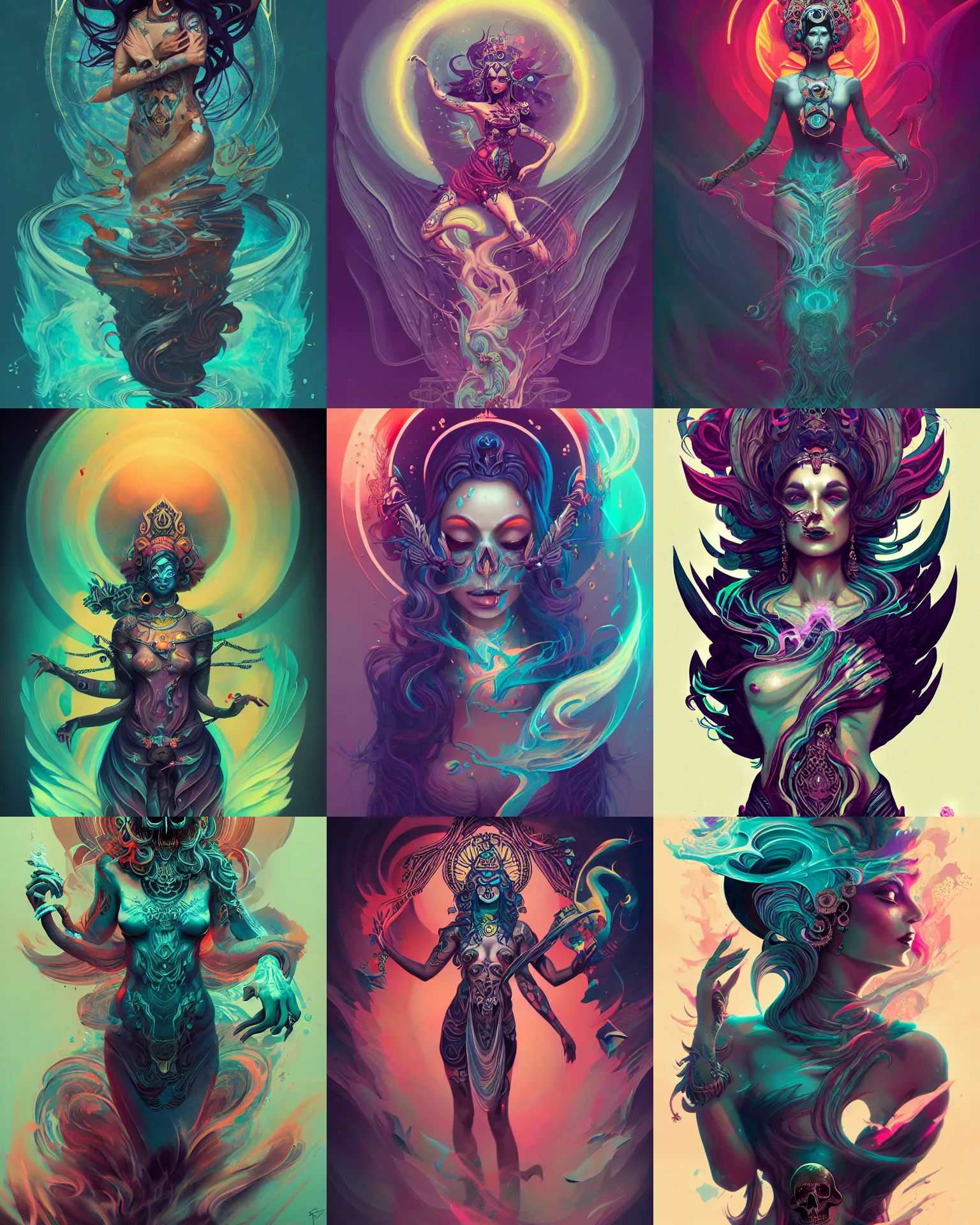 Image similar to goddess of death with full body tattoos, by petros afshar, ross tran, peter mohrbacher, tom whalen, underwater psychedelic smoke, highly detailed, intricate, elaborate, illustration, sharp focus, feauted on artstation