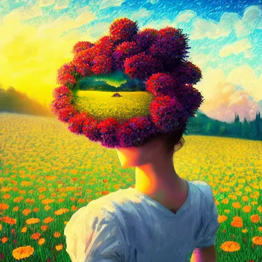 Image similar to girl with a gargantuan flower as a face, surreal photography, dream, standing in flower field, hills, big trees, sunrise dramatic light, impressionist painting, colorful clouds, digital painting, pointillism, artstation, simon stalenhag, flower face