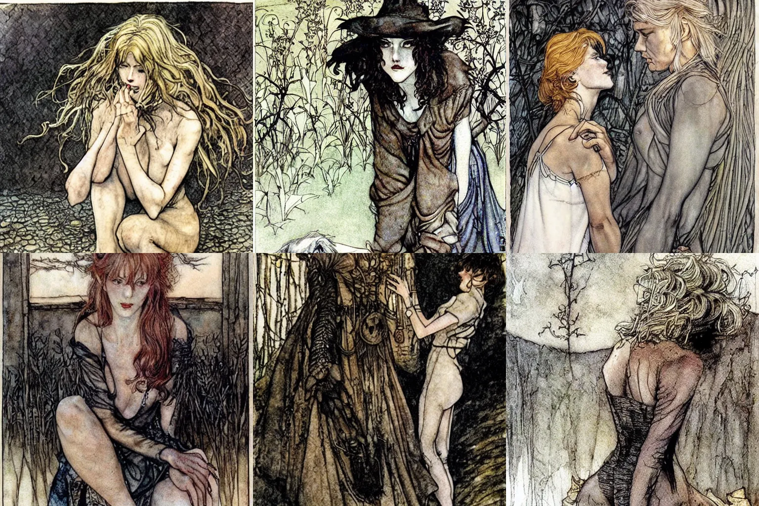 Prompt: cruel and compassionate. painting by milo manara and arthur rackham