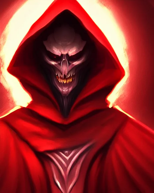 Prompt: painting of a wicked cool baron in a hooded dark red cloak with a soft glow instead of a face, fantasy, artstation, cgsociety, ultra high detail, stylized, centered, close up shot, full head in view