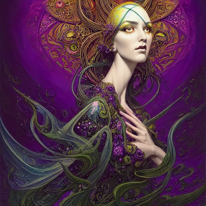 Image similar to depicting a beautiful female radiant holy cleric, in the style of h. p. lovecraft and joe fenton, exuberant organic elegant forms, by karol bak and filip hodas : : 1. 4 purple, red, blue, green, black intricate mandala explosions : : intuit art : : turbulent water backdrop : : damask wallpaper : : atmospheric
