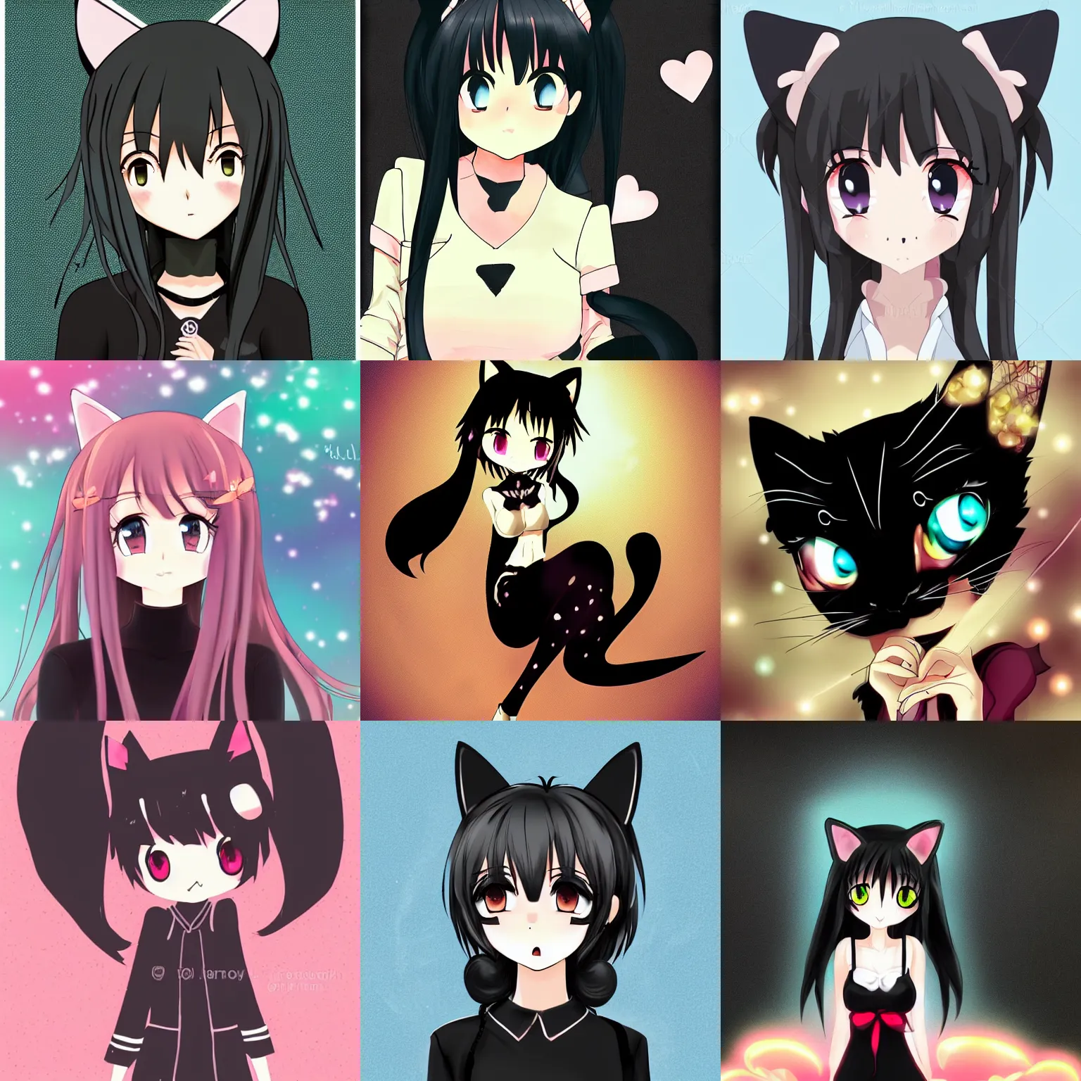 Prompt: cute, female, anime style, a salem black cat girl, beautiful lighting, sharp focus, creative