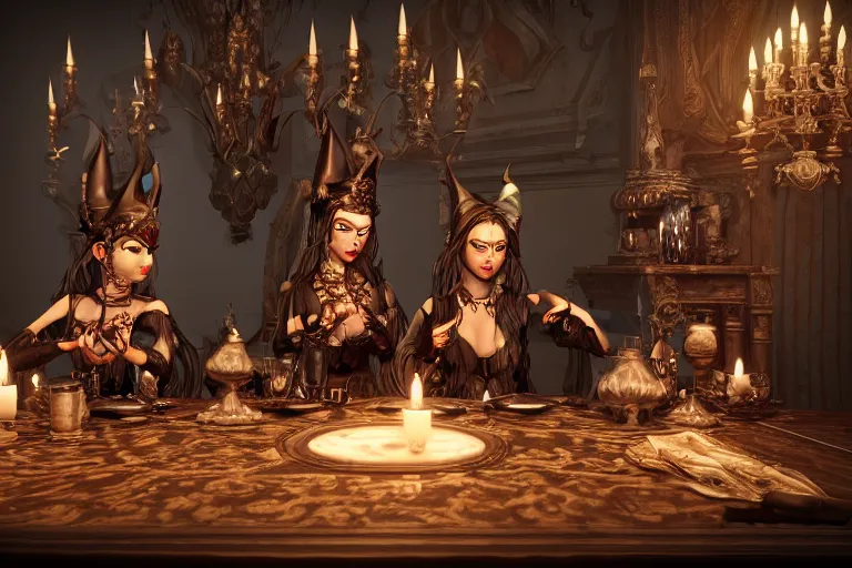 Image similar to dark witches sitting at a table doing a ritual. Ornate details, award winning. Octane render, 4k, 8k, unreal 5, very detailed, hyper control-realism, trending on artstation.”