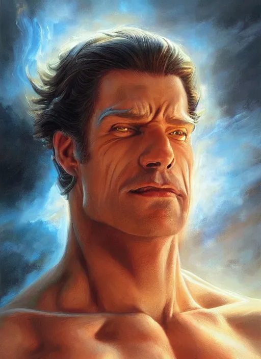 Image similar to a magical portrait of the god of strength, art by boris vallejo and greg danton and denys tsiperko, detailed, hyperrealism, artstation