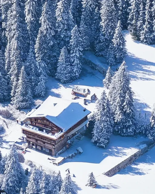 Image similar to hidden mansion on fire in the alps with snow covered roof, zoomed out, shot from drone, iphone capture