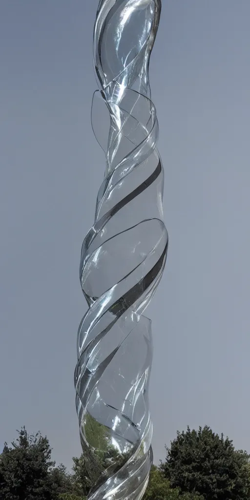 Prompt: a glass statue made of curves in front of a black space