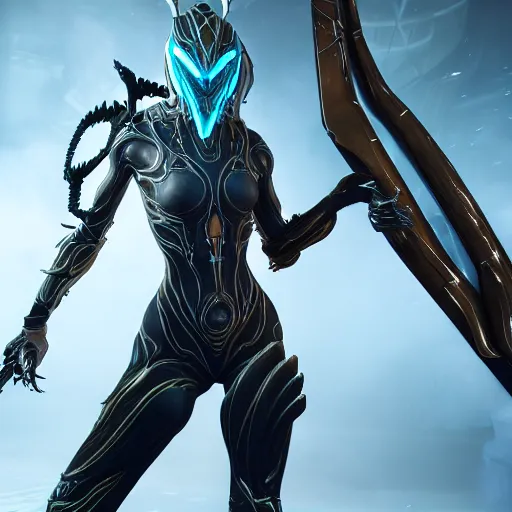 Image similar to photograph of female Valkyr warframe holding a kuva zarr, 8k resolution, high detail, ULTRA REALISTIC VFX, reflections