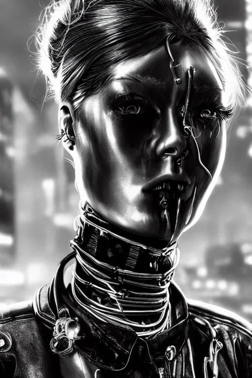 Image similar to detailed realistic female rock star cyberpunk wearing thick technological collar around neck, realistic, art, beautiful, 4K, collar, choker, collar around neck, punk, artstation, detailed, female, woman, choker, cyberpunk, neon, punk, collar, choker, collar around neck, thick collar, tight around neck, punk,