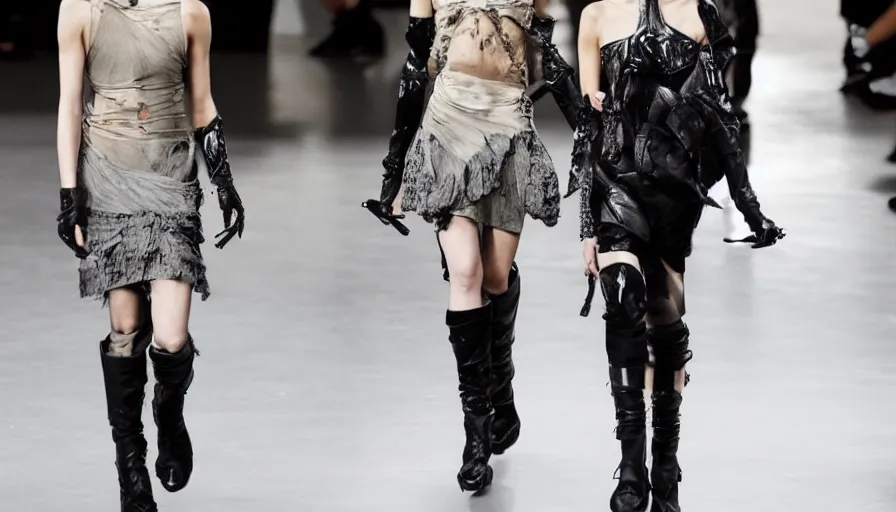 Prompt: alexander mcqueen in the style of rick owens, runway show, fashion photoshoot,