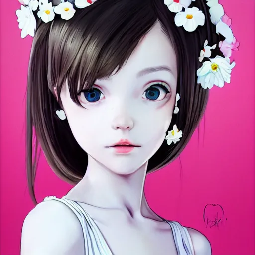 Prompt: little girl with flowers in hair wearing an white dress, art by ilya kuvshinov, profile picture, inspired in hirohiko araki, realistic, highly detailed