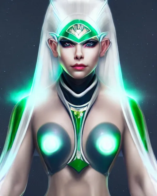 Image similar to perfect white haired attractive egyptian goddess, warframe armor, beautiful, symmetric, dreamy, half asian, pretty face, green eyes, charlize theron, detailed, scifi platform, laboratory, experiment, 4 k, ultra realistic, epic lighting, android body, illuminated, cinematic, masterpiece, art by akihito tsukushi, voidstar