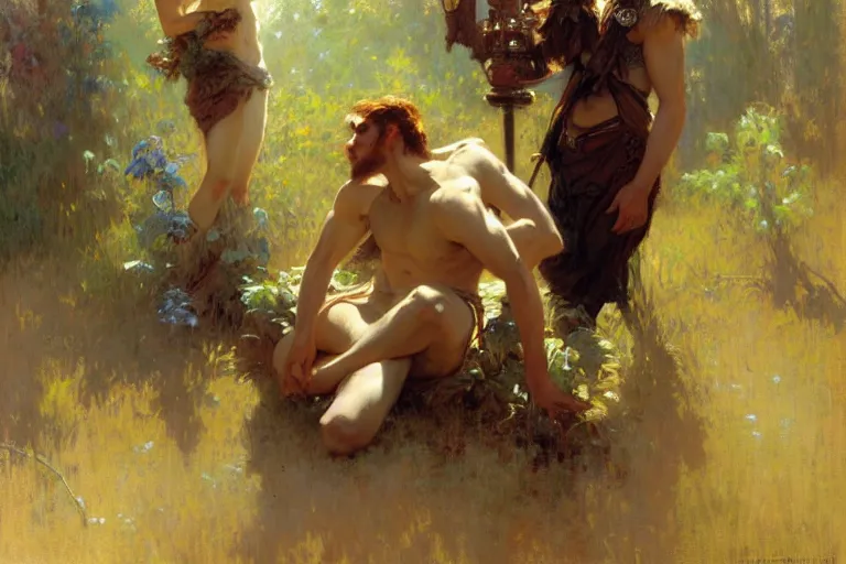 Image similar to 2 attractive male, painting by gaston bussiere, craig mullins, greg rutkowski, alphonse mucha