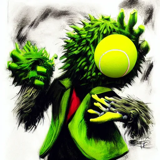 Image similar to a tennis ball monster, tennis ball, dark, chalky, kingdom hearts, digital art, fantasy, magic, trending on artstation, ultra detailed, professional illustration by Basil Gogos