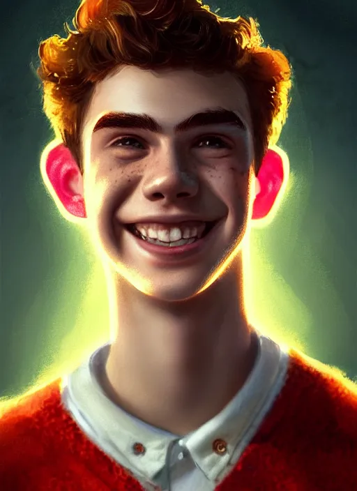 Image similar to portrait of teenage archie andrews, freckles, curly middle part haircut, curly hair, smiling kindly, intricate, elegant, glowing lights, highly detailed, digital painting, artstation, concept art, smooth, sharp focus, illustration, art by wlop, mars ravelo and greg rutkowski