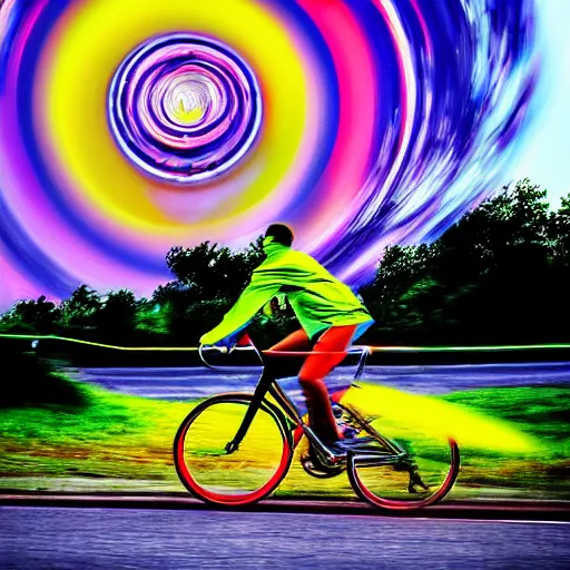 Image similar to a person riding a rocket-powered bicycle, hyper color styled photograph